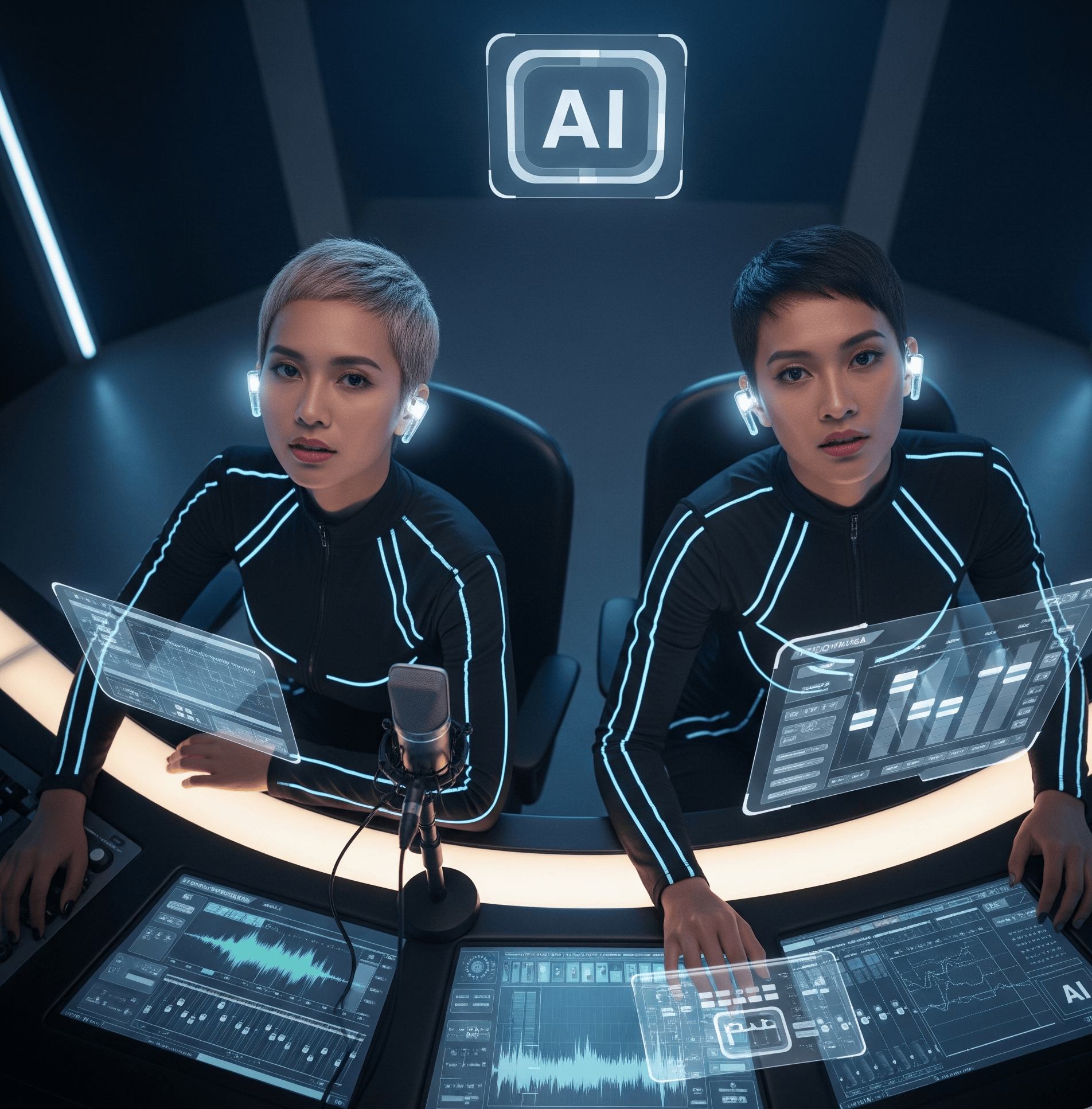 Ilustrasi mikrofon dengan efek digital, melambangkan voice over AI